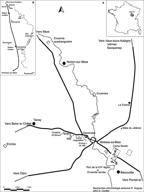 A : Mirebeau dans son environnement. B : La voie Mirebeau/Vaux-sous-Aubigny.